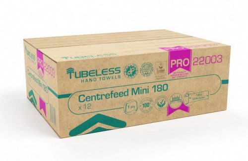 Tubeless PRO 180 Mini tekercses kéztörlő 1 rétegű, fehér, 100% cellulóz, 726lap, 181,5m 12db/zsugor